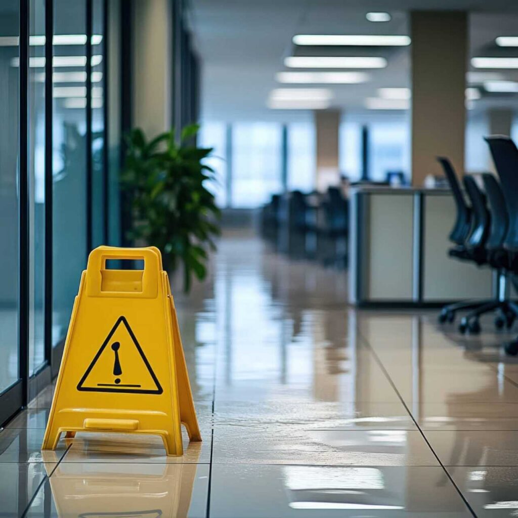Yellow caution sign on a wet office floor near glass walls and chairs.