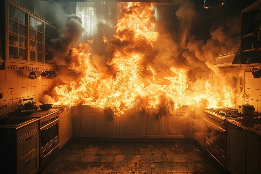 Kitchen engulfed in large flames and thick smoke spreading across the room.