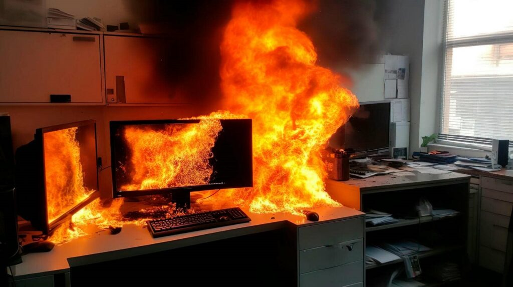 Flames engulf a desk with two computer monitors and a keyboard in an office.