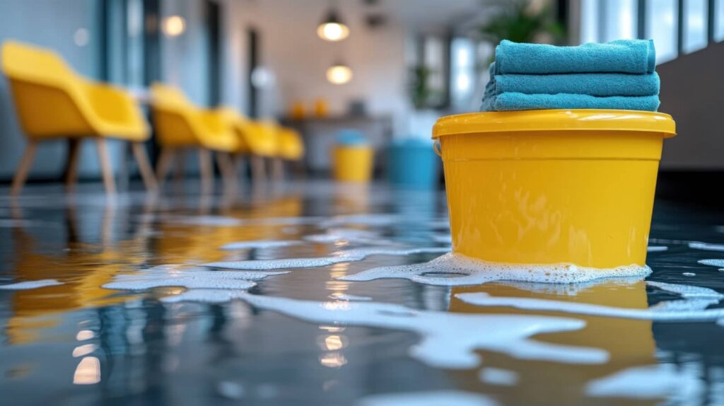 Yellow bucket with blue towels on a wet floor with soap suds in a modern room with yellow chairs.
