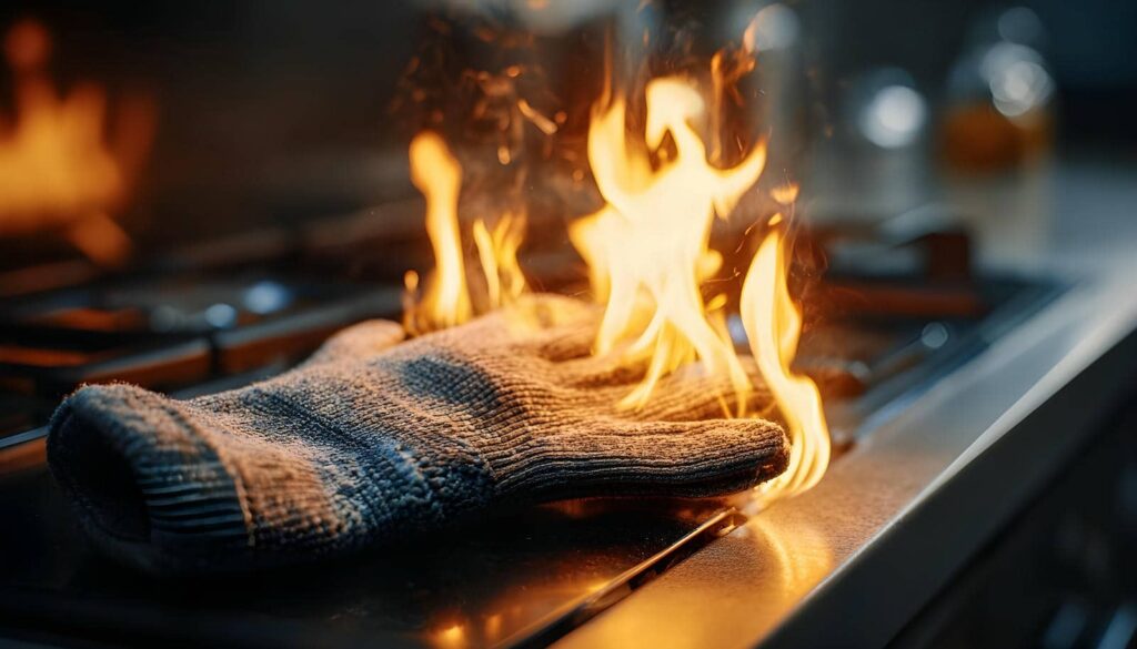 Oven mitt on fire on a stove burner.