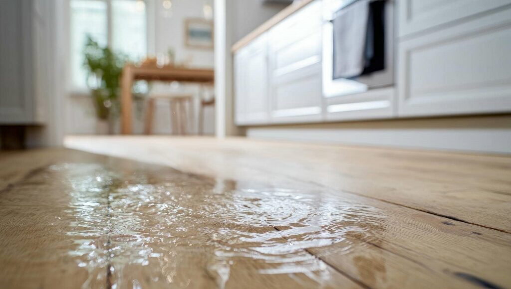 Water spilled on a wooden kitchen floor near white cabinets and a dining table.