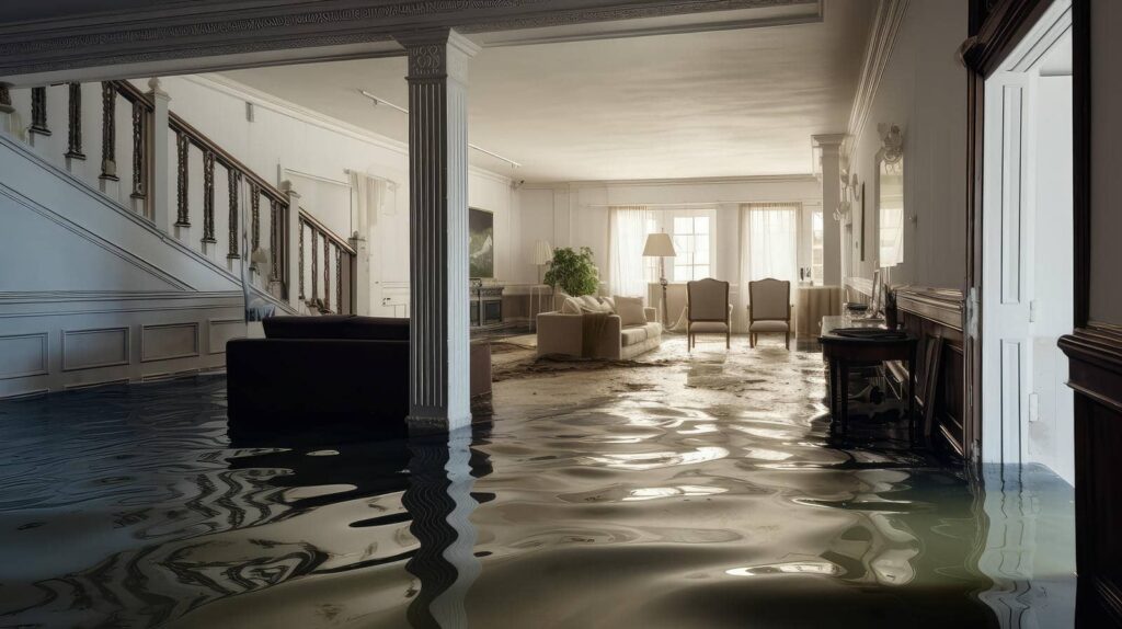 Flooded living room with water covering the floor up to the furniture bases.