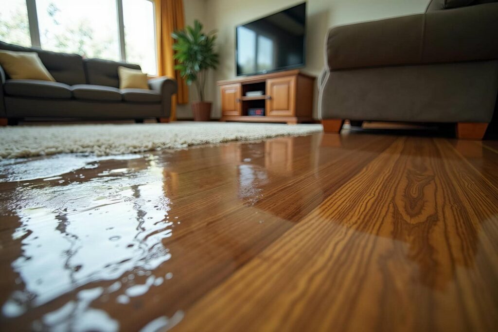 Water spilled on a wooden floor in a living room with sofas and a TV.