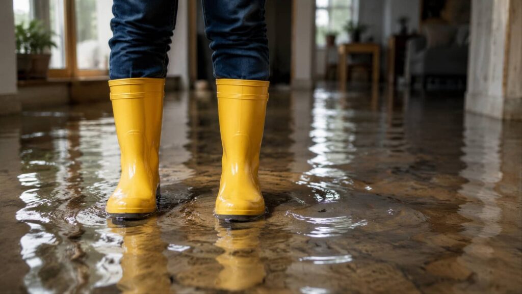 Person wearing yellow rain boots standing in a flooded indoor room with water covering the floor.