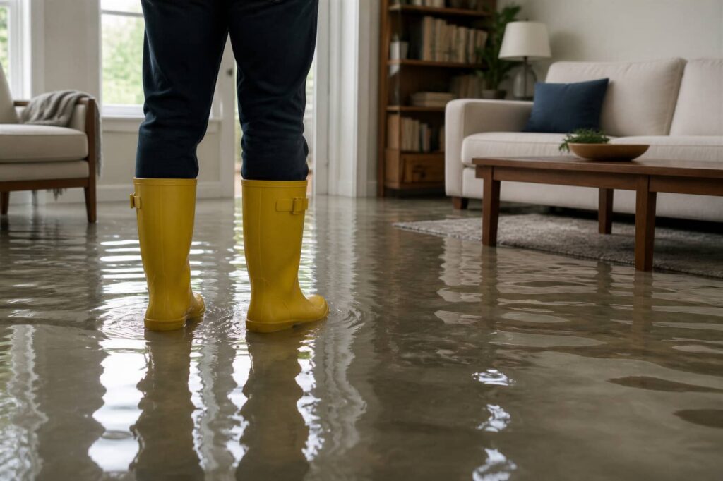 Person wearing yellow rain boots standing in a flooded living room with water covering the floor.
