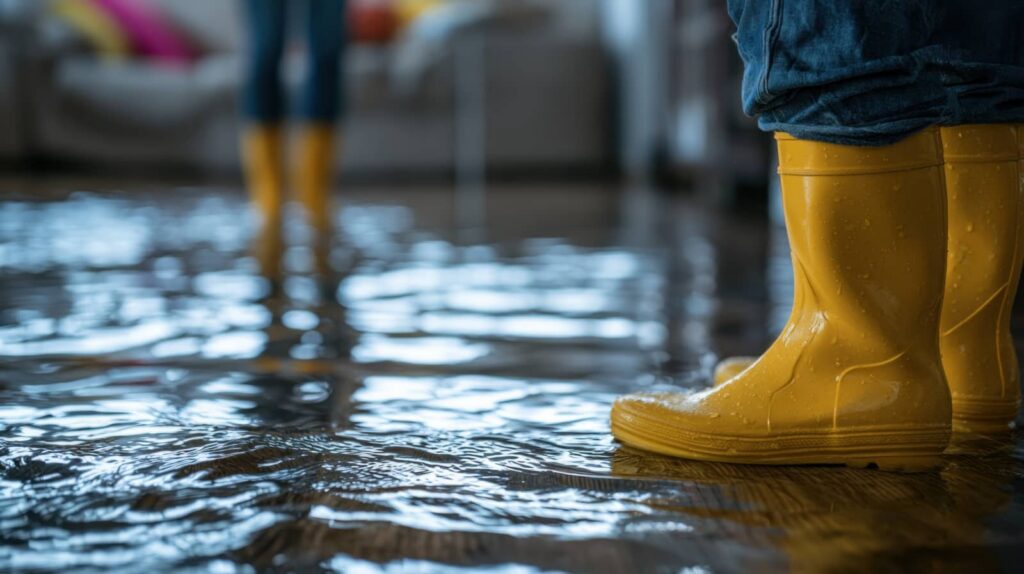 Two people wearing yellow rain boots standing in a flooded indoor room with water covering the floor.