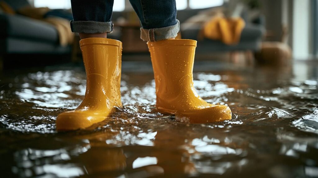 Person wearing yellow rain boots standing in a flooded indoor room with water on the floor.