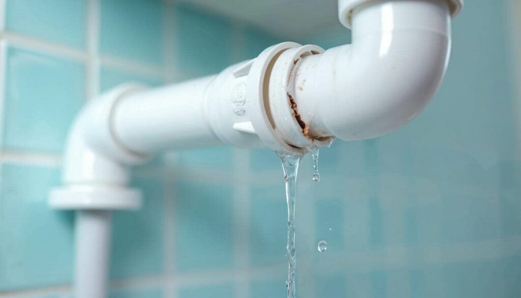 Water leaking from a cracked white plastic pipe joint against a tiled wall.