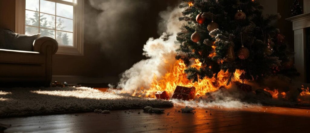 Christmas tree on fire with smoke and burning presents underneath in a living room.