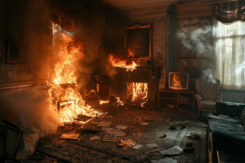 Fire engulfing furniture and a fireplace in a living room with scattered papers on the floor.