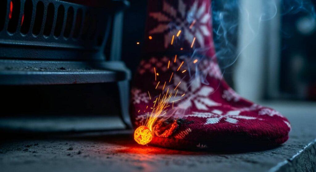 A glowing ember with sparks near a red patterned sock by a fireplace.