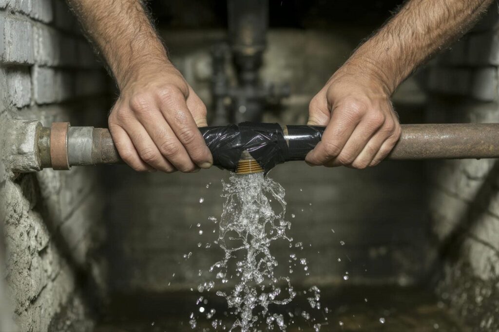 Hands holding a leaking pipe wrapped with black tape, water spurting out from the leak.