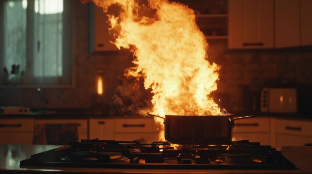Large flames erupting from a pot on a kitchen stove.