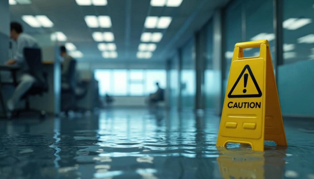 Yellow caution sign on a flooded office floor with blurred people working at desks in the background.