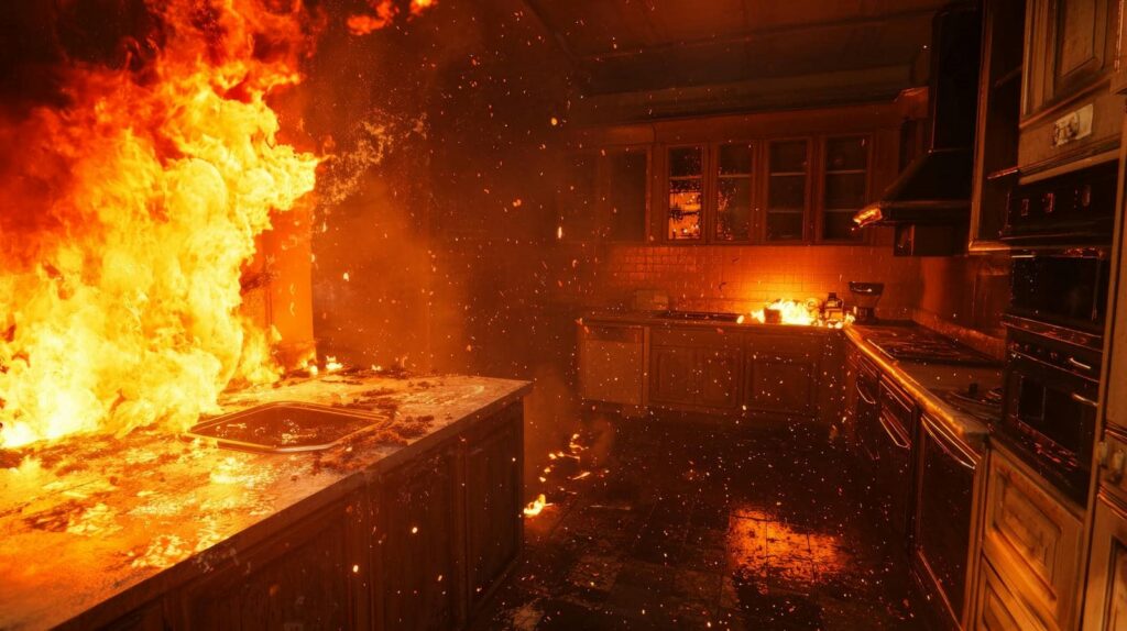 Kitchen engulfed in large flames with fire spreading across counters and floor.