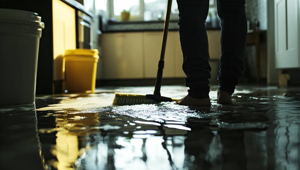 Person using a broom to push water on a flooded kitchen floor.
