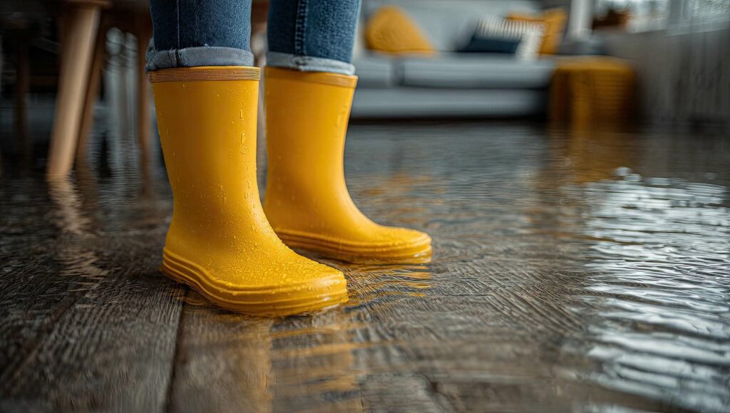 Person wearing yellow rain boots standing on a flooded wooden floor indoors.