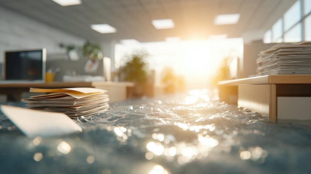 Office desks partially submerged in floodwater with stacks of papers floating.