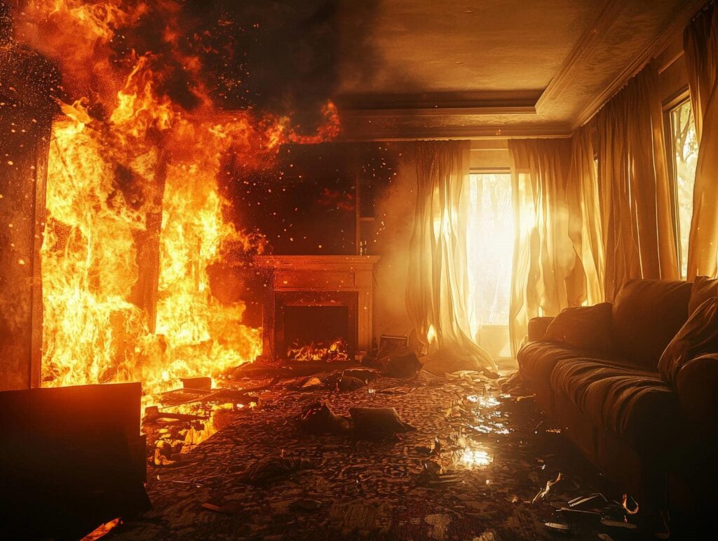 Living room engulfed in flames with fire spreading near a fireplace and curtains.