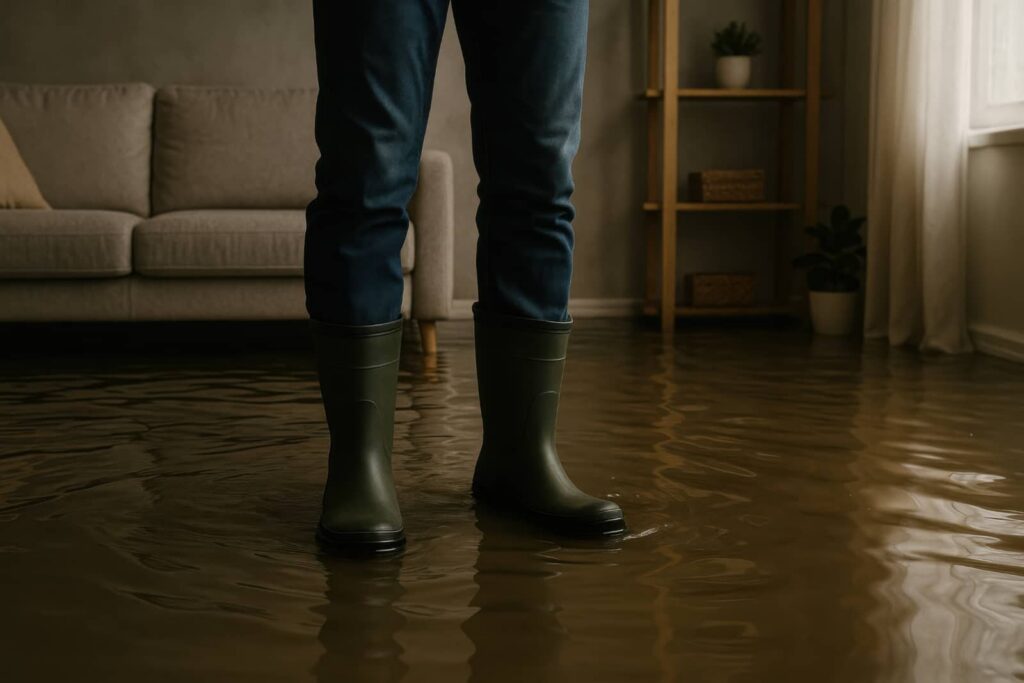 Person wearing green rain boots standing in a flooded living room with water covering the floor.
