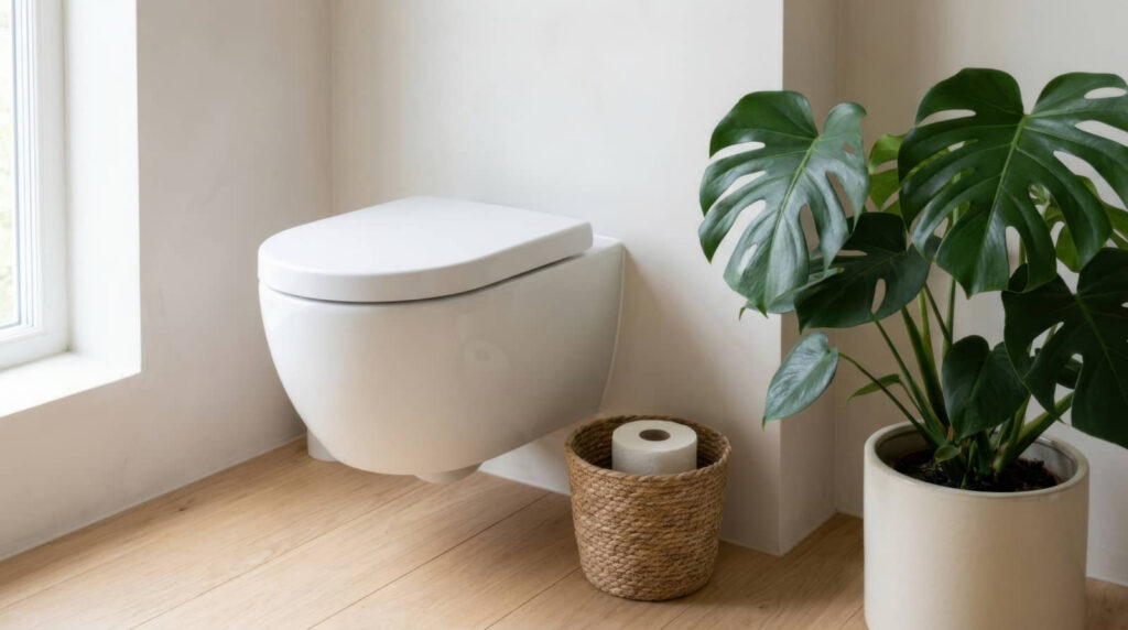 Modern bathroom with a wall-mounted toilet, toilet paper basket, and potted plant.
