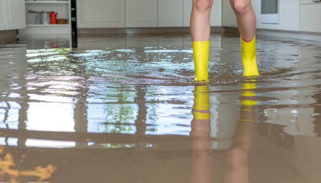 Person wearing yellow rain boots standing in a flooded kitchen with water covering the floor.