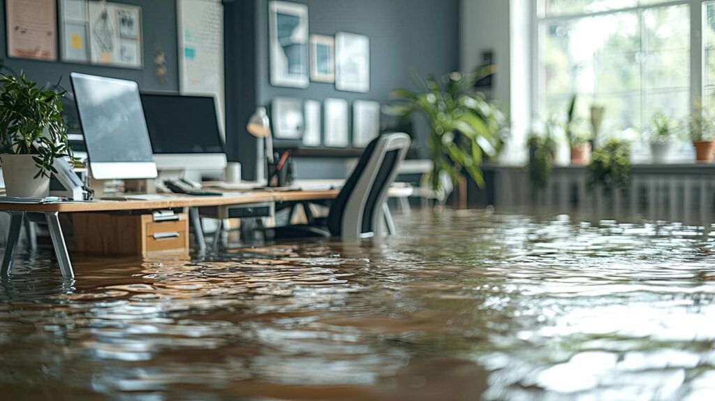 Office flooded with water covering the floor and reaching desk legs and chairs.
