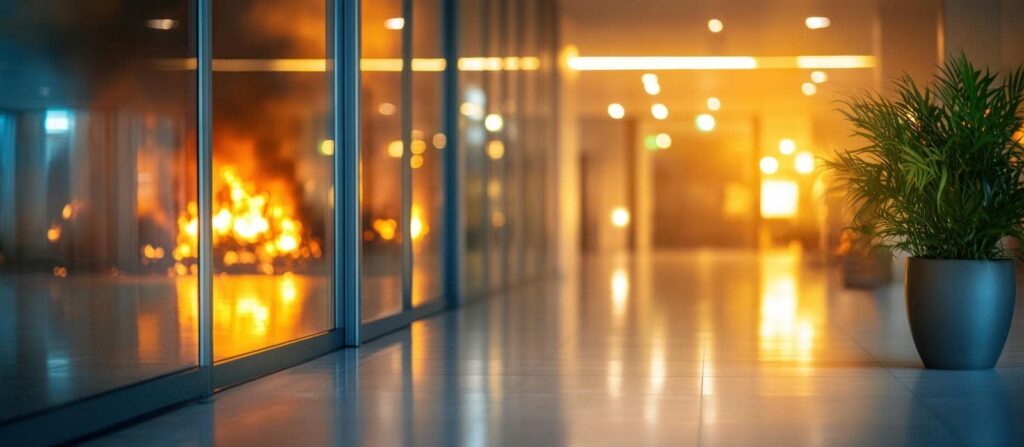 Fire burning inside a building, visible through glass walls, with a potted plant on the right side.