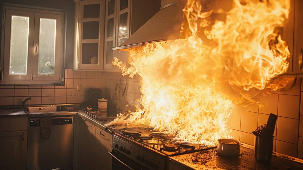 Kitchen stove engulfed in large flames and fire spreading across the countertop.