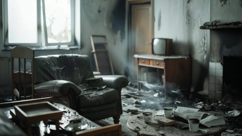 Burned living room with damaged furniture, a smoky armchair, and debris scattered on tables and floor.