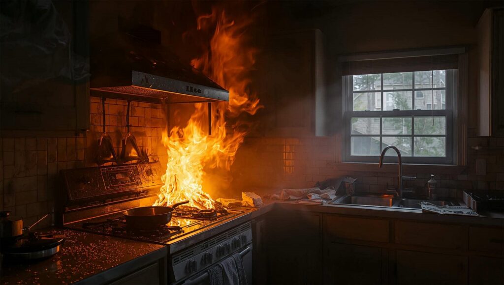 Kitchen stove engulfed in flames with fire spreading under the range hood.