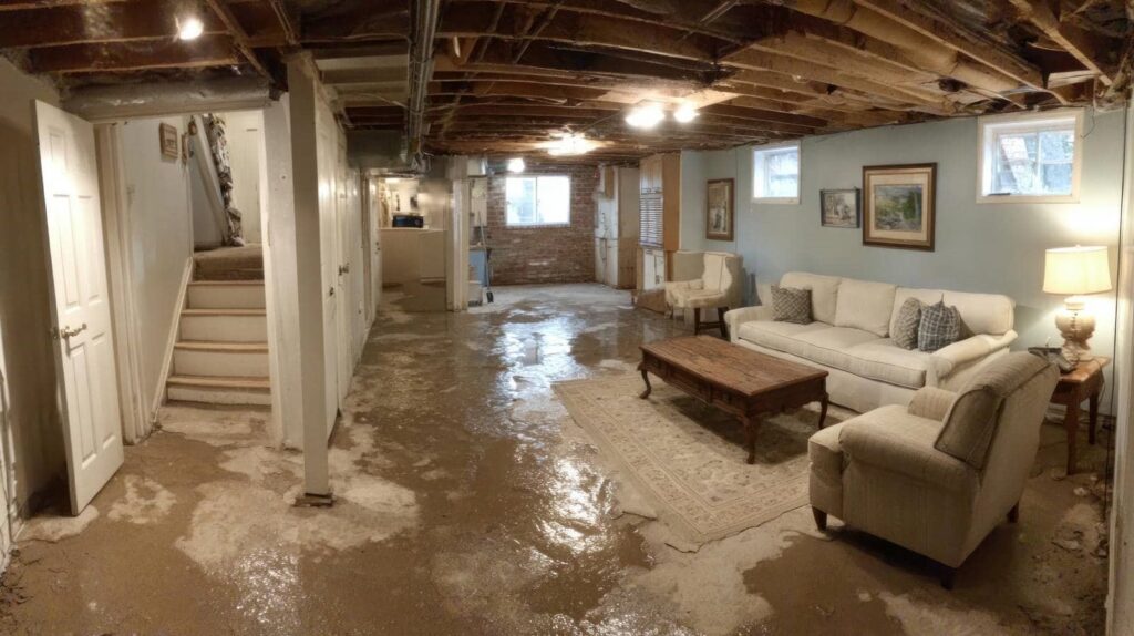 Basement living area with exposed ceiling, wet floor, beige sofa, armchair, wooden coffee table, and wall art.