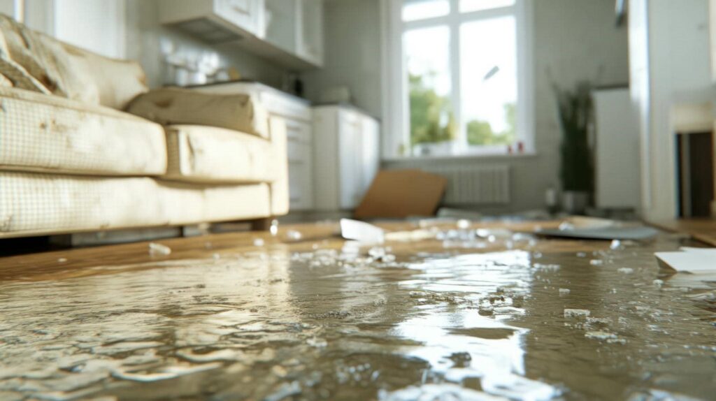 Water flooding a living room floor with a beige sofa and kitchen cabinets in the background.