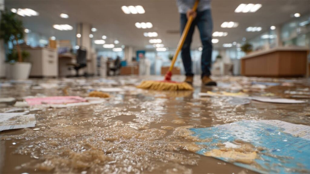 Flooded office floor covered with muddy water and scattered papers, person mopping in background.