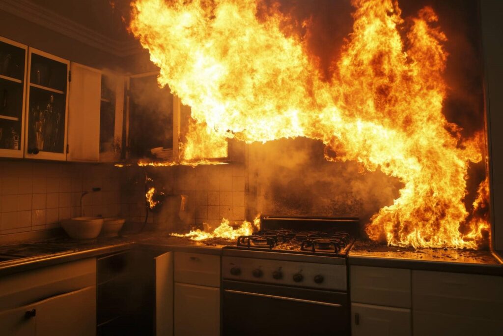 Kitchen stove engulfed in large flames and fire spreading to surrounding cabinets.