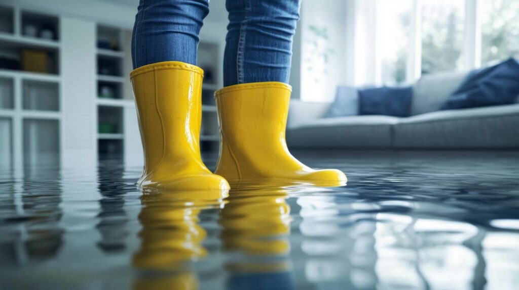 Person wearing yellow rain boots standing in a flooded living room with water covering the floor.