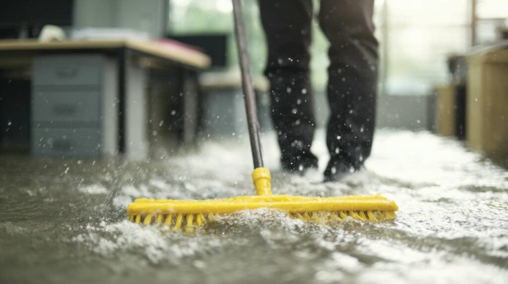 Person using a yellow broom to push water on a flooded office floor.