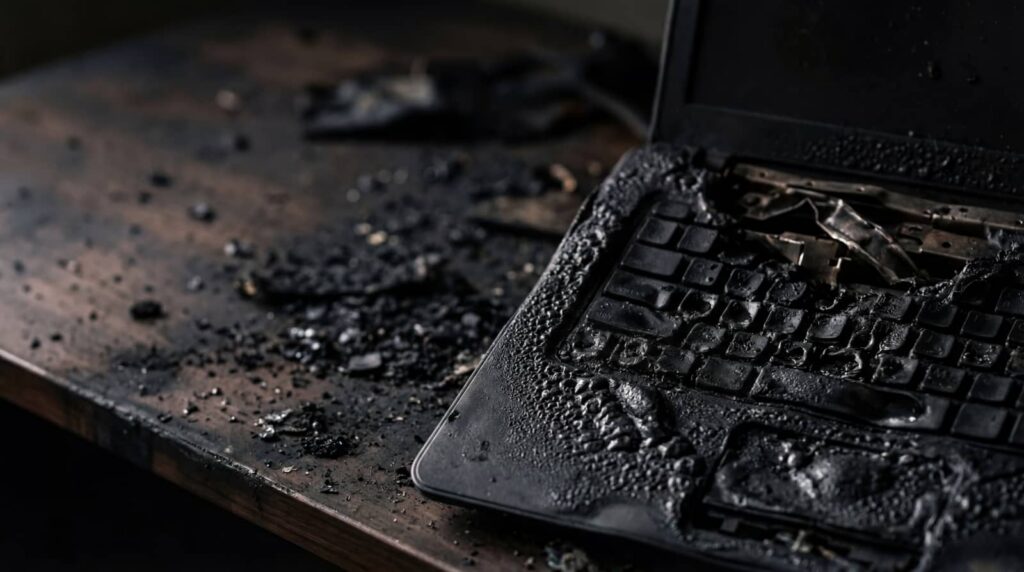 Burnt laptop keyboard with melted keys and charred debris on a wooden surface.
