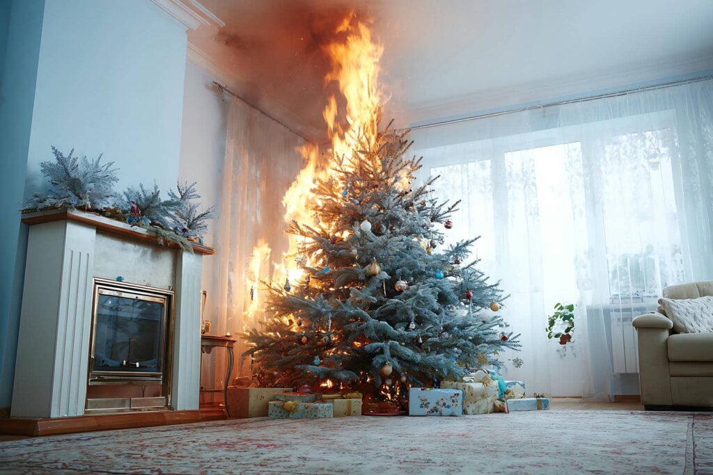 Christmas tree on fire near a fireplace in a living room with wrapped presents underneath.